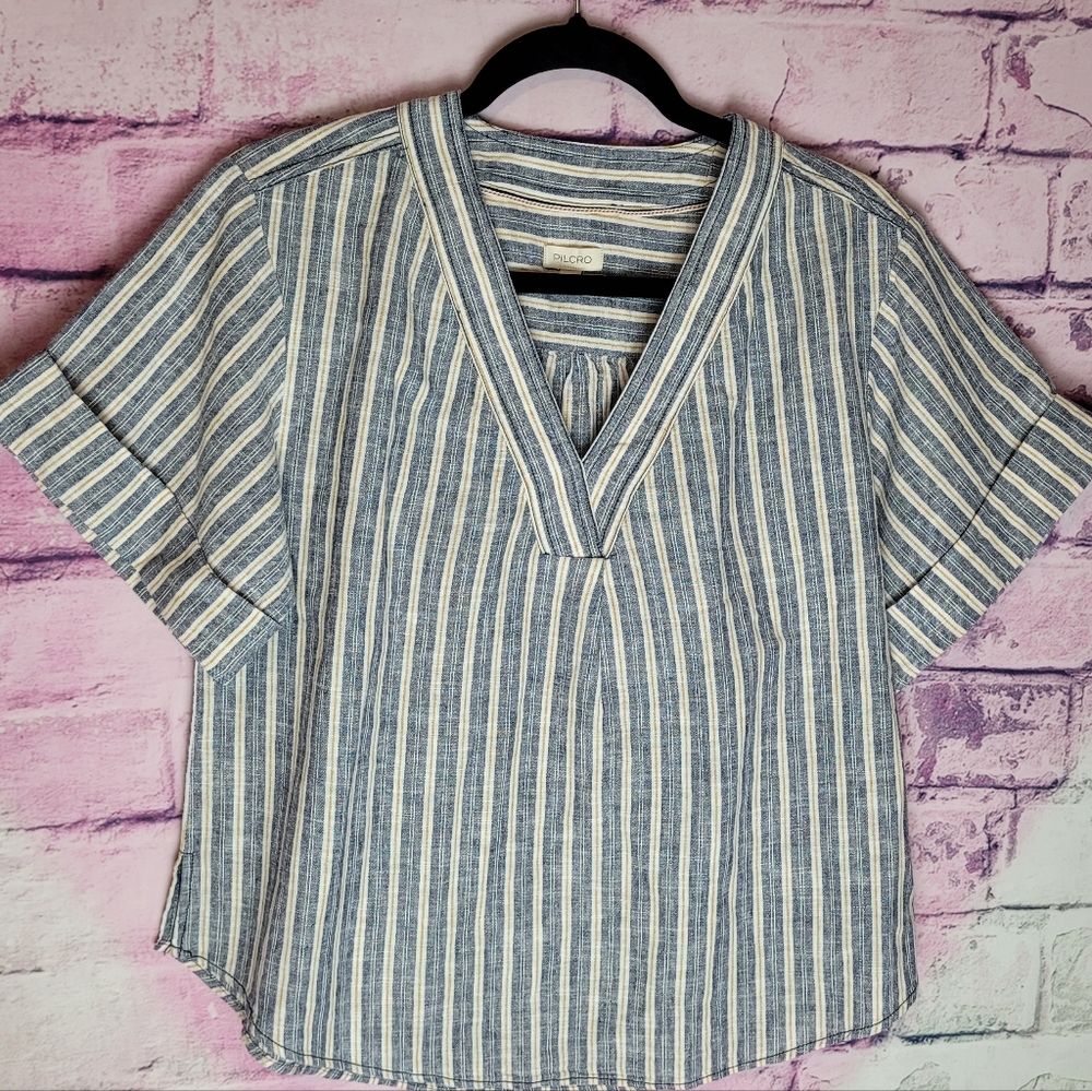 PILCRO HENLEY SURF SHIRT BLUE STRIPED LINEN COTTON BLEND V NECK XS